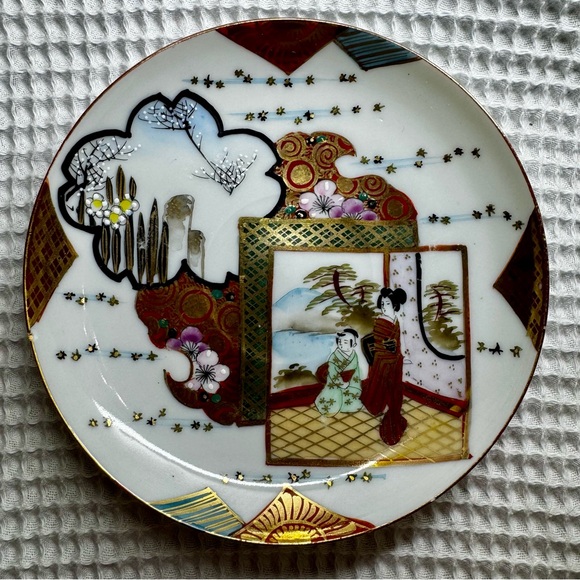 Antique Japanese Kutani Porcelain Plate Meiji Geisha Gold Gilt